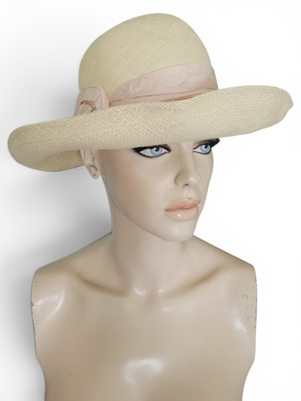 Vintage Lord & Taylor Straw Sun Hat With Pale Pink Satin Ribbon And Rosette